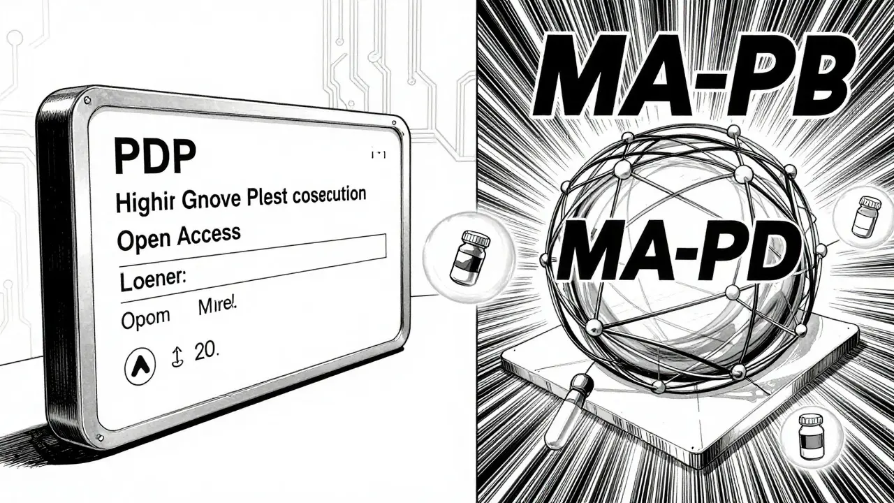 Split view comparing PDP and MA-PD plans with floating generic pills