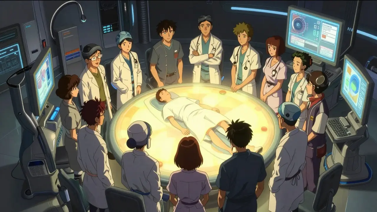 Unified medical team supporting a patient in modern clinic