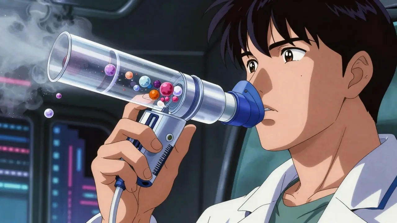 Akira-style drawing of patient using spacer device with tech details