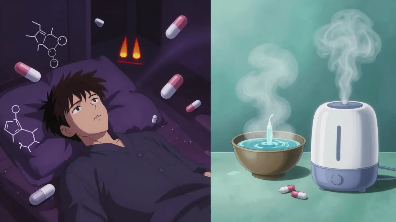 Anime comparison of dangerous decongestant pills versus safe saline and steam treatments for congestion.