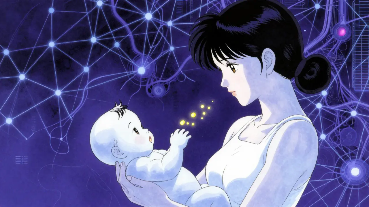 Conceptual art of safe medicine transfer between mother and child