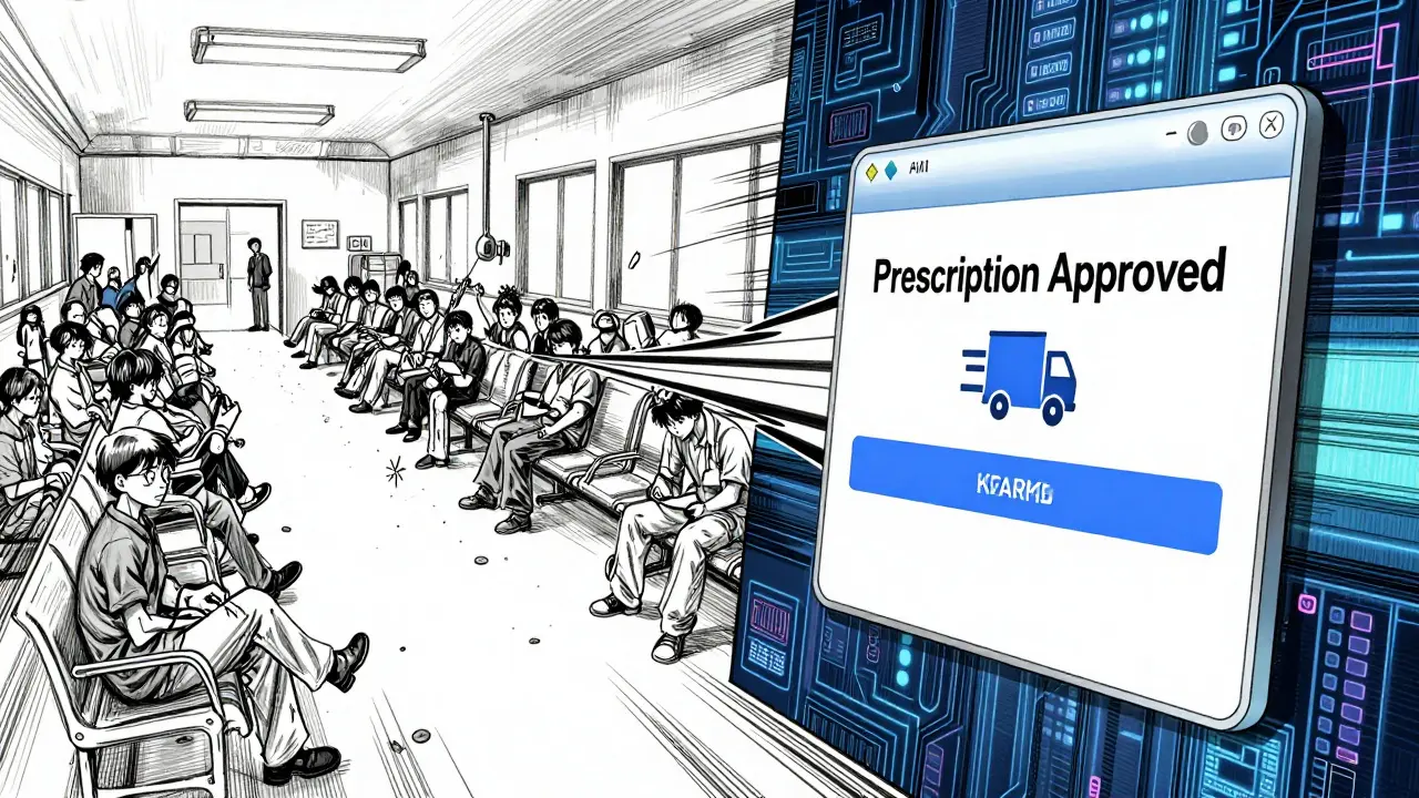 Contrast between hospital waiting room and digital prescription approval