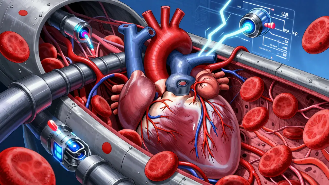 Detailed manga illustration showing constricted blood vessels and heart strain caused by decongestants.