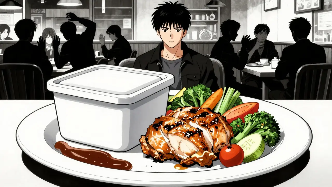 Diner controlling portion sizes by boxing half their meal