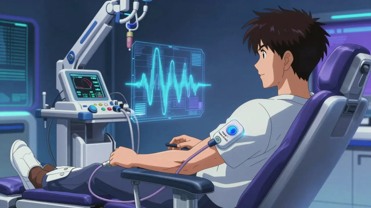 Futuristic dialysis scene with a patient monitored by a glowing wireless sensor patch.