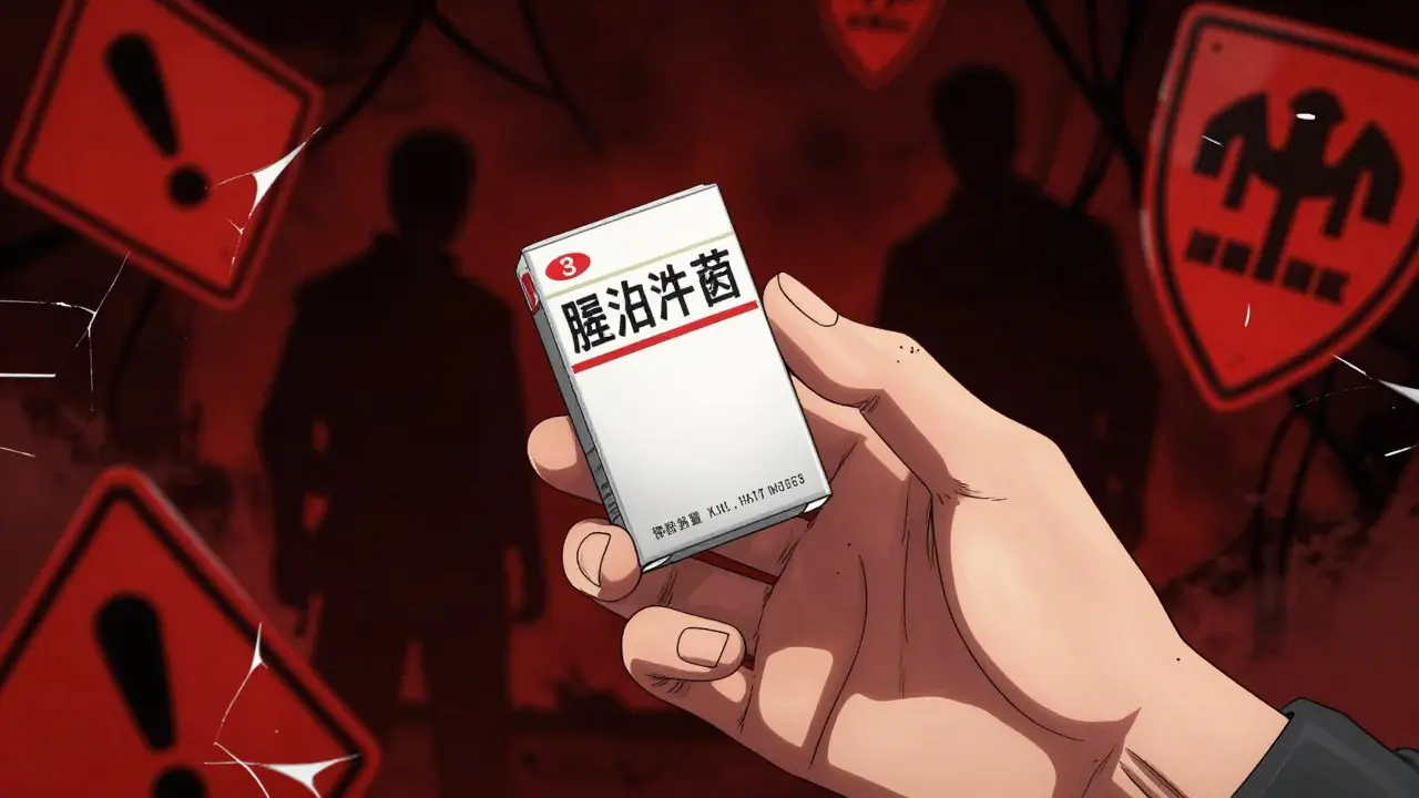 Hand holding medicine box with warning symbols against scam threats
