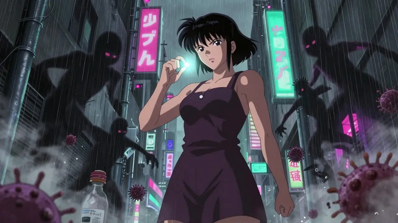 Heroic mother defeating illness shadows in cyberpunk anime style
