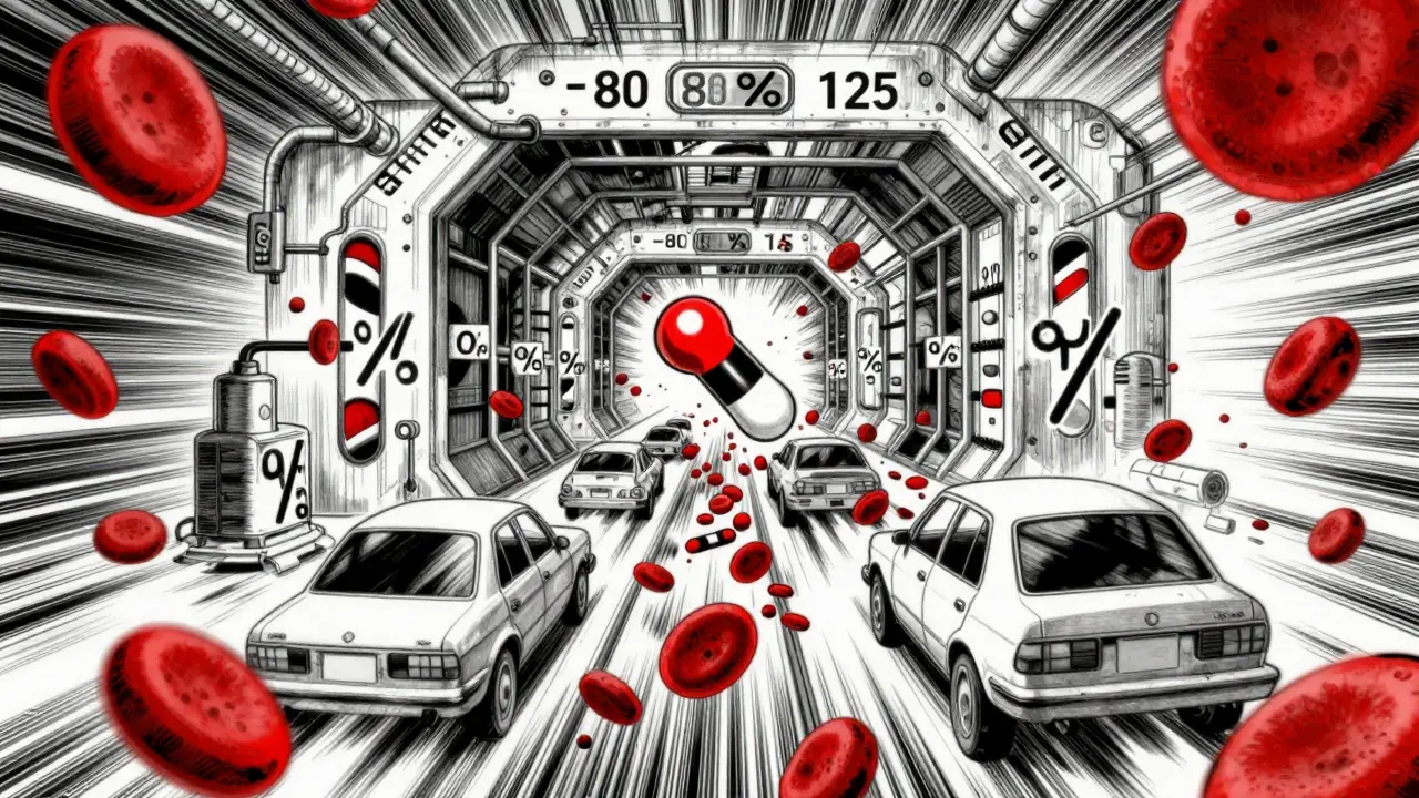 Manga art showing drug molecules navigating a turbulent, industrial bloodstream tunnel