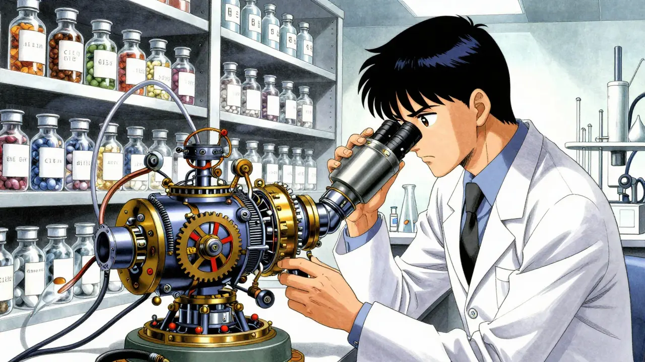 Manga artist examining complex drug delivery device