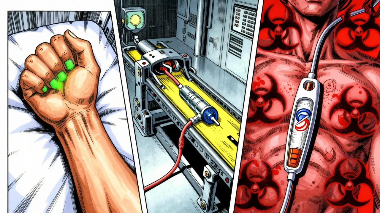 Manga illustration comparing fistula, graft, and catheter with color-coded risk levels.