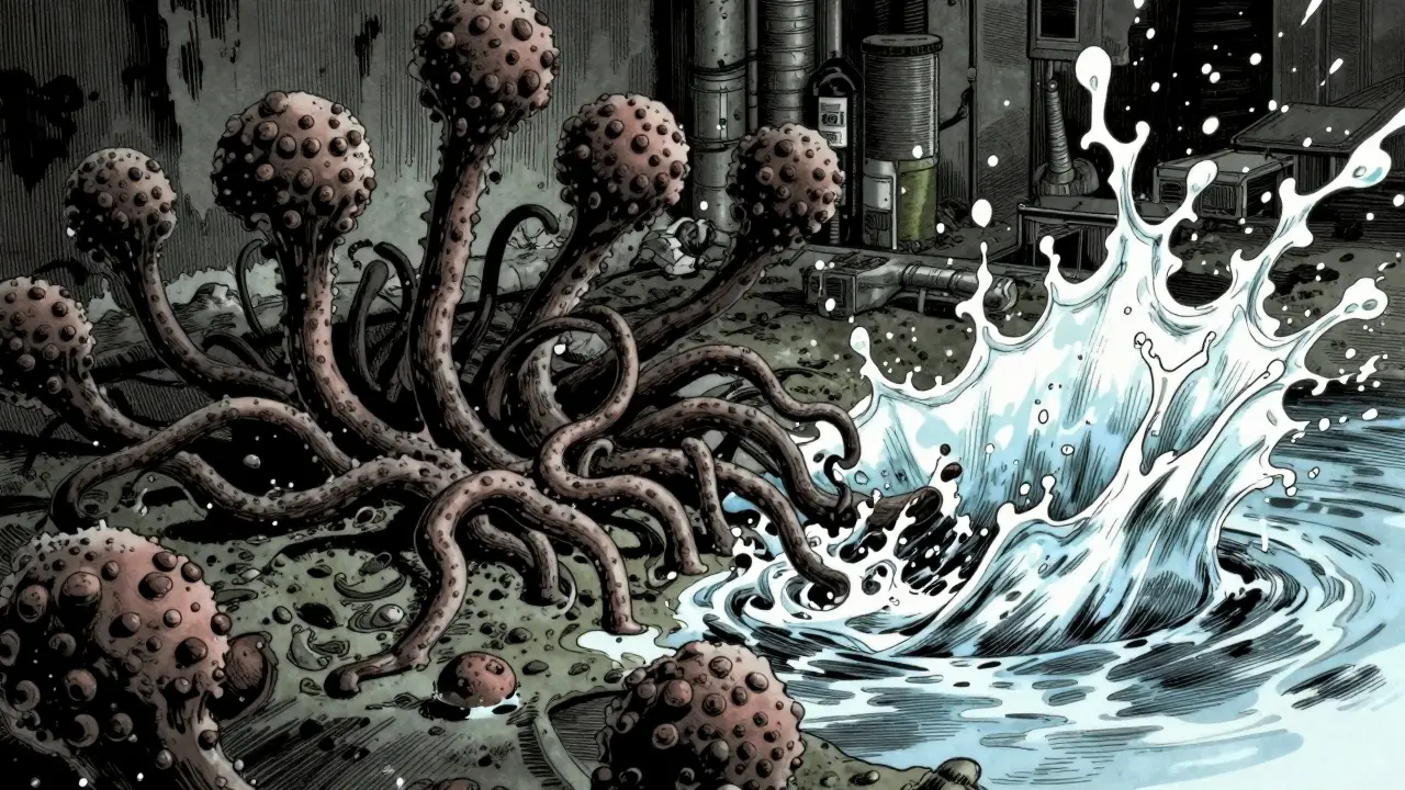 Manga illustration of water rinsing away dark fungal spores in mouth