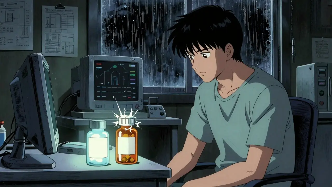 Otomo-style scene of a patient comparing two generic pill bottles in a moody room