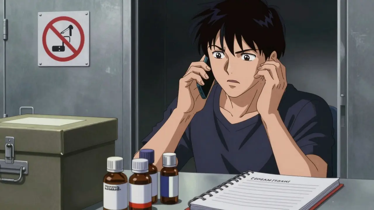 Person calling for help near secure meds in Otomo manga style