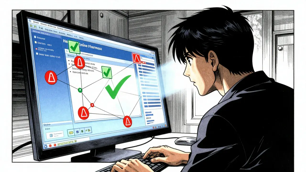 Person checking online pharmacy legitimacy on screen