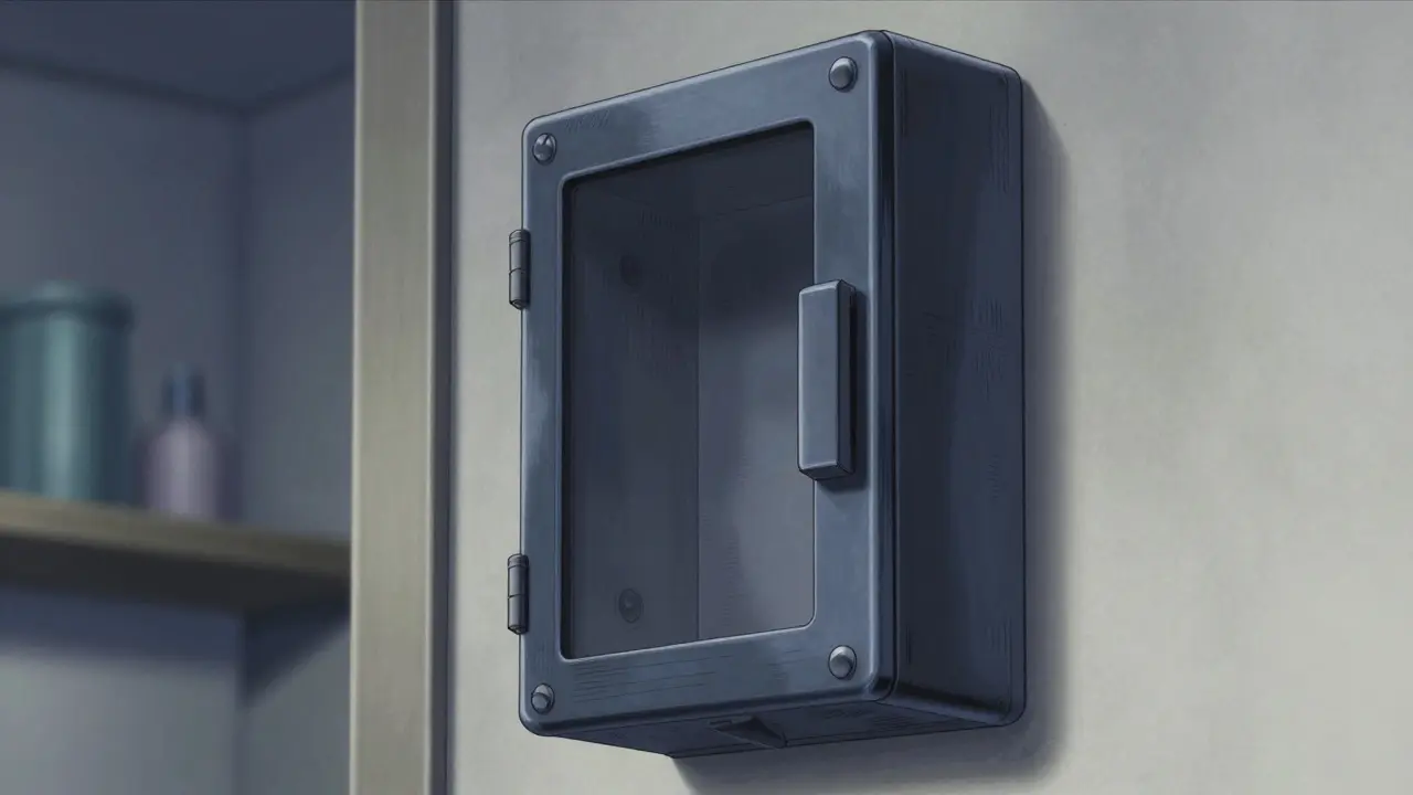 Secure wall-mounted medication lockbox in detailed anime art
