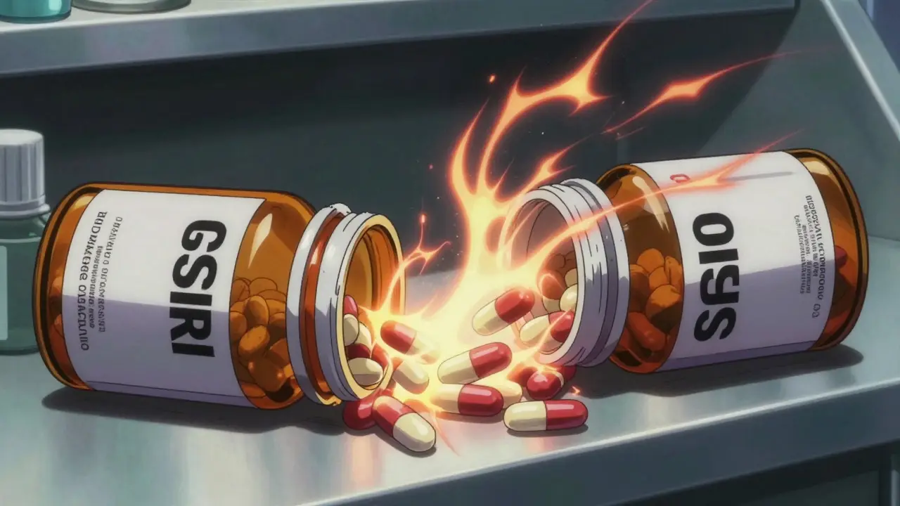 Akira-inspired art showing dangerous drug interaction between antidepressants and cough medicine as a glowing vortex.