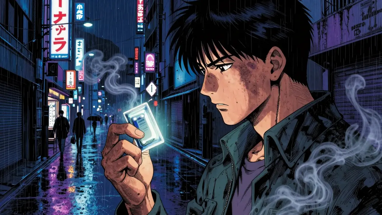 Anime character holding medication in a rainy neon-lit city street