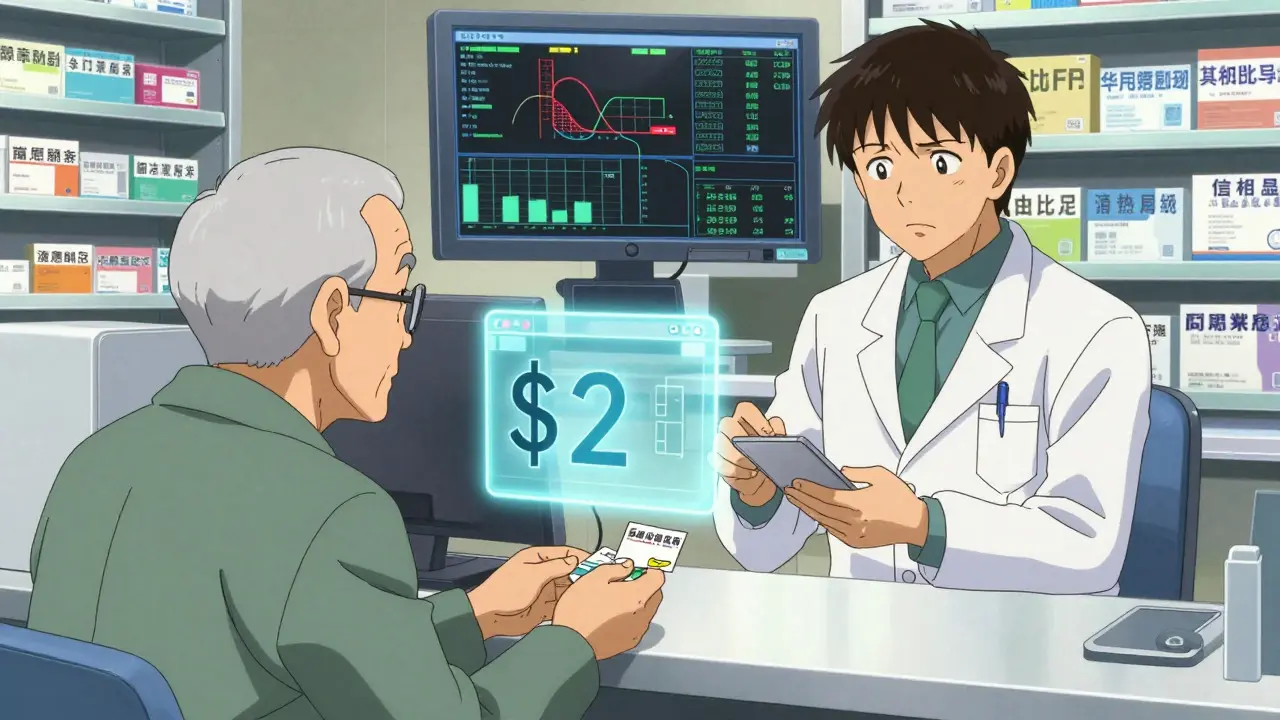 Anime scene of a senior patient getting a  generic drug while pharmacist checks complex data.