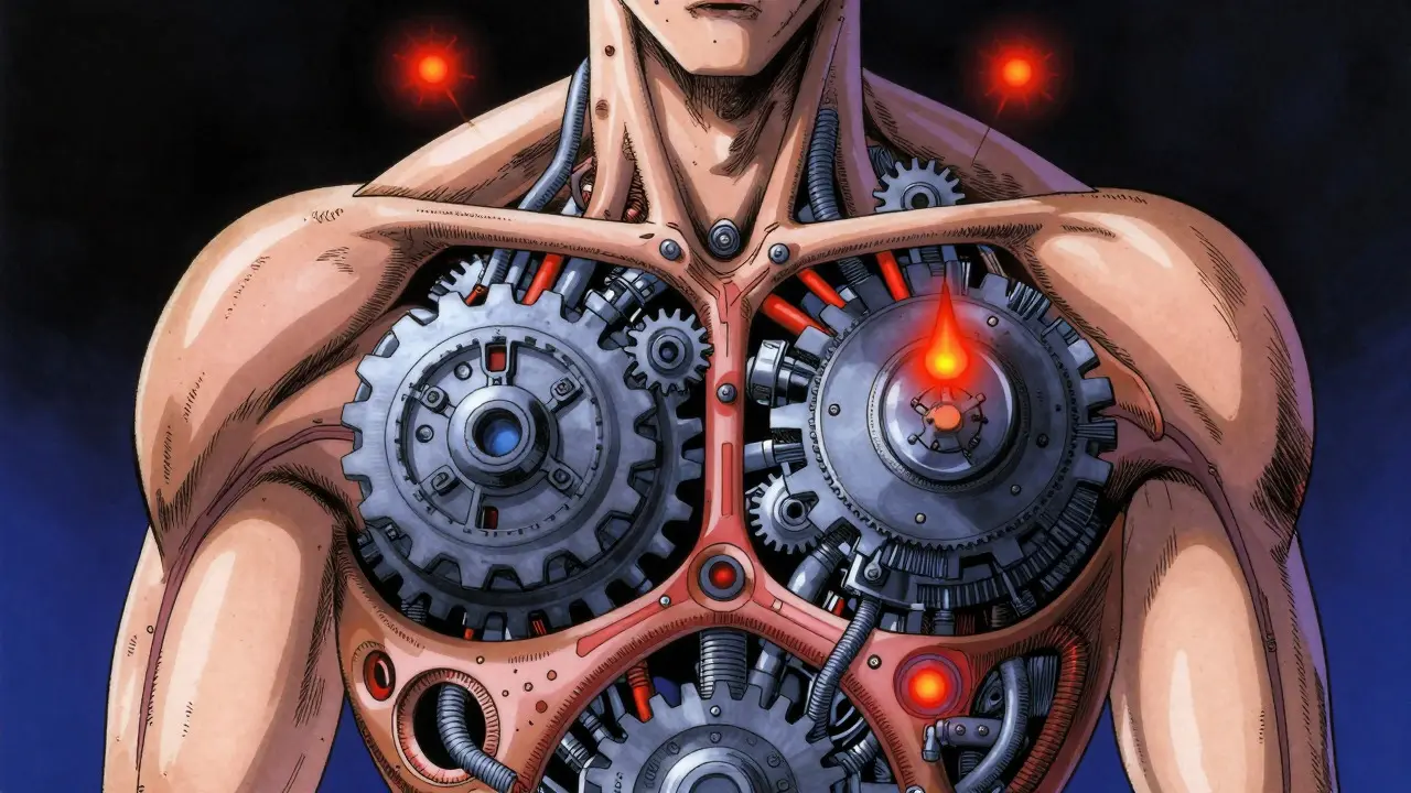Conceptual art of failing body alarms for low blood sugar, manga style