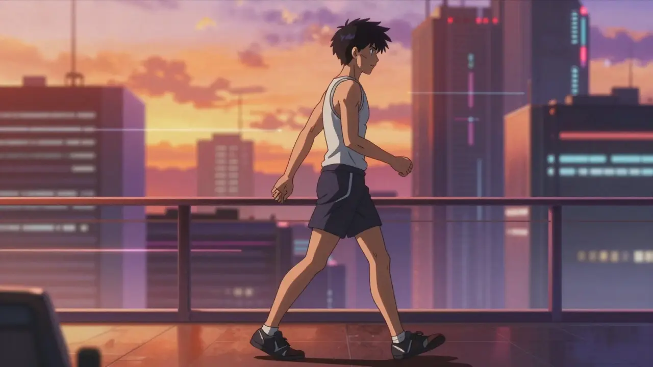 Cyberpunk anime character walking outdoors during recovery phase.