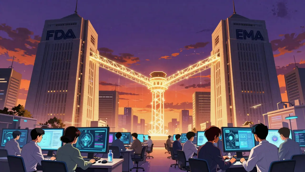 Cyberpunk depiction of FDA and EMA regulatory harmonization via tech