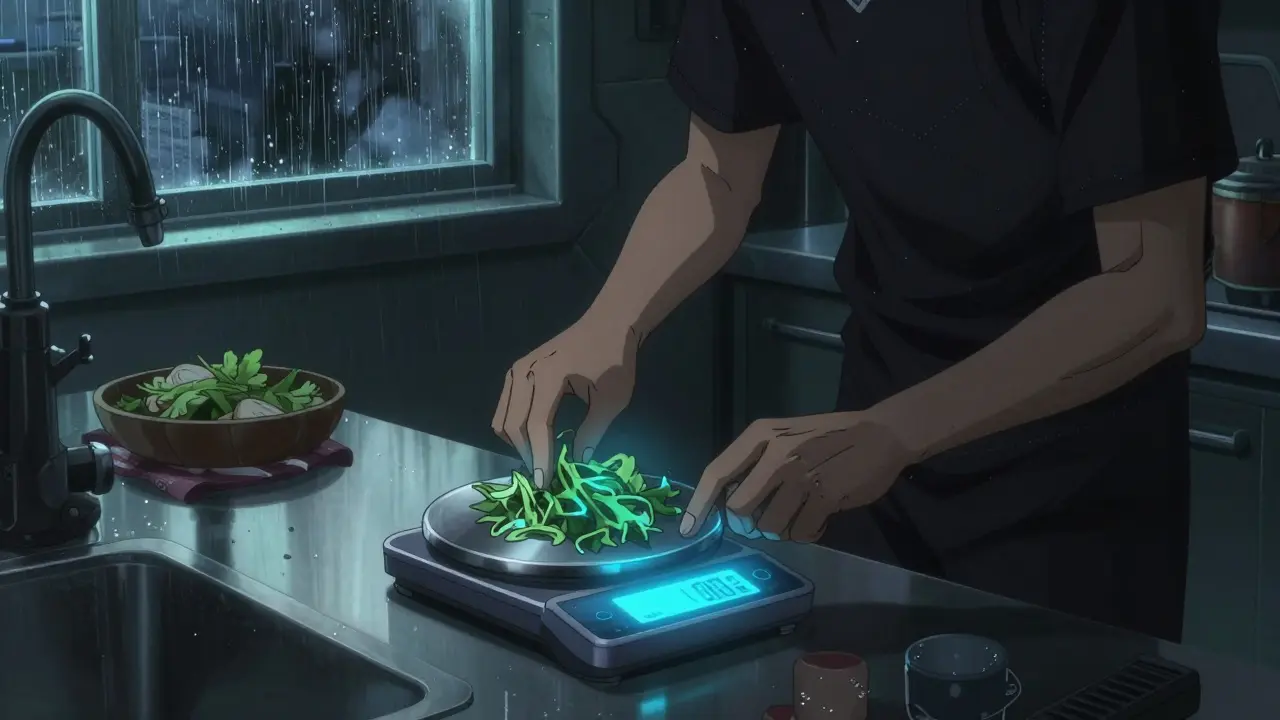 Cyberpunk kitchen scene with precise measurement of greens, emphasizing routine and control.