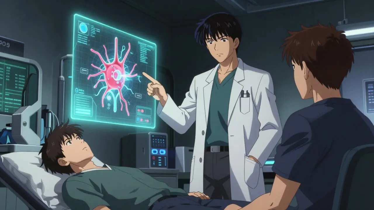 Doctor explaining biosimilar safety to patient in futuristic clinic