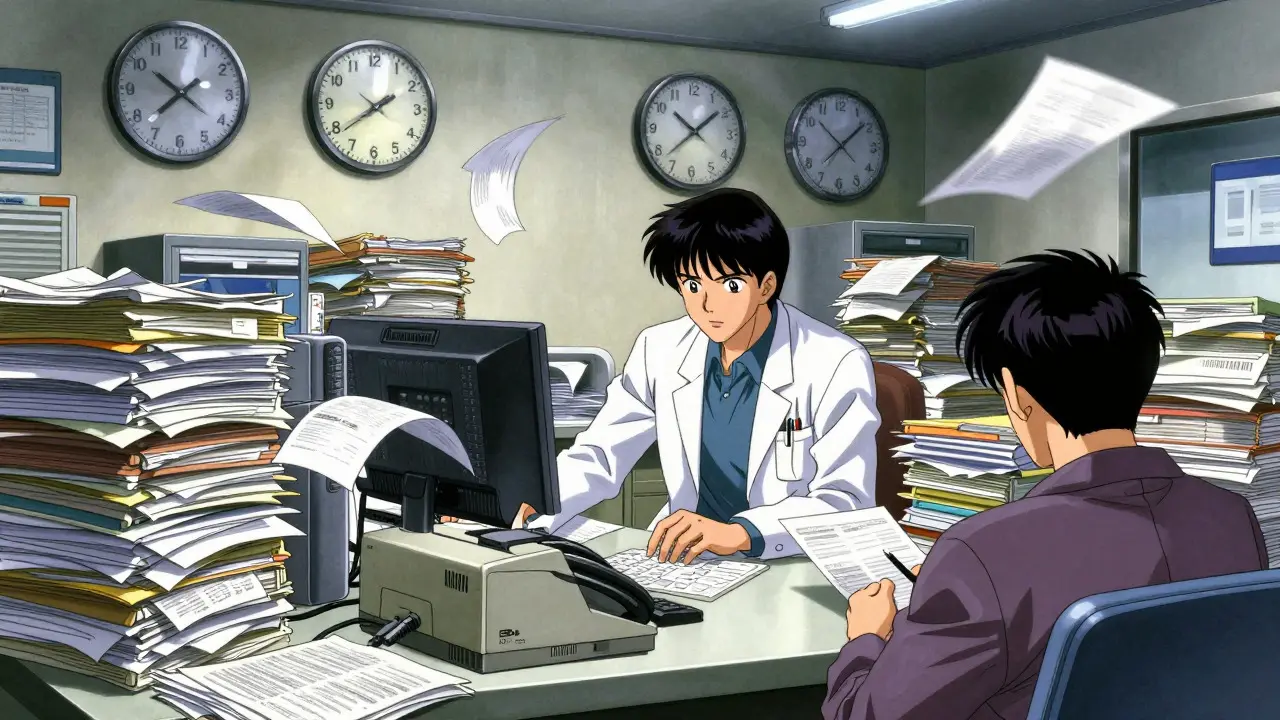 Doctor overwhelmed by paperwork and fax machines in chaotic office