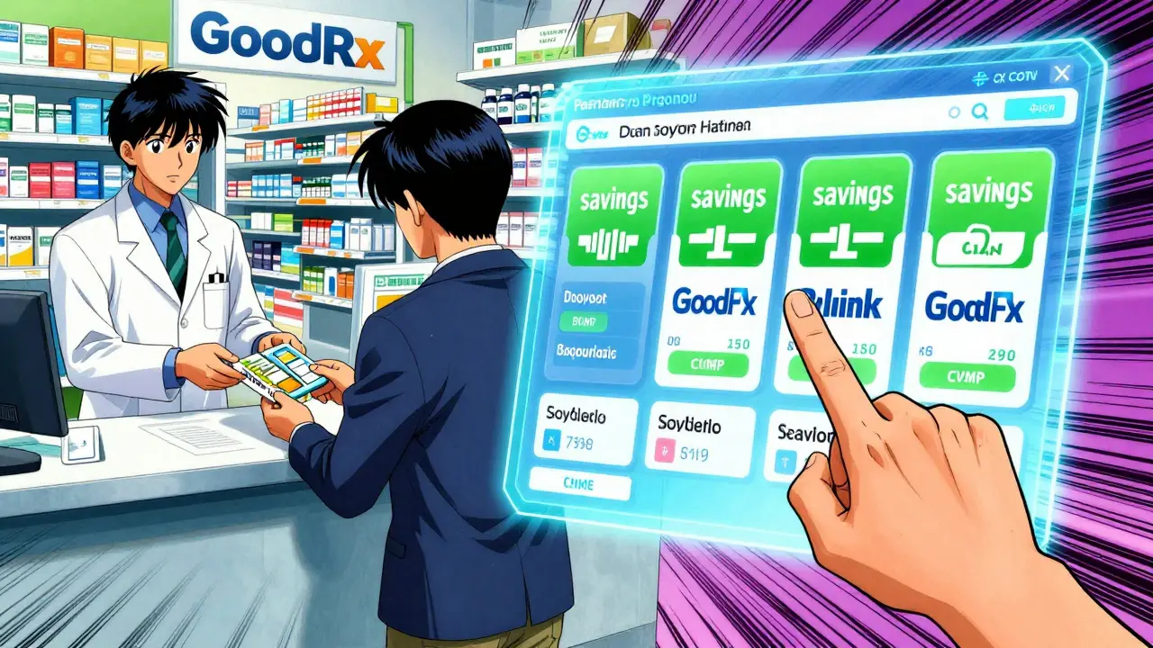 Futuristic interface showing pharmacy discounts and savings options