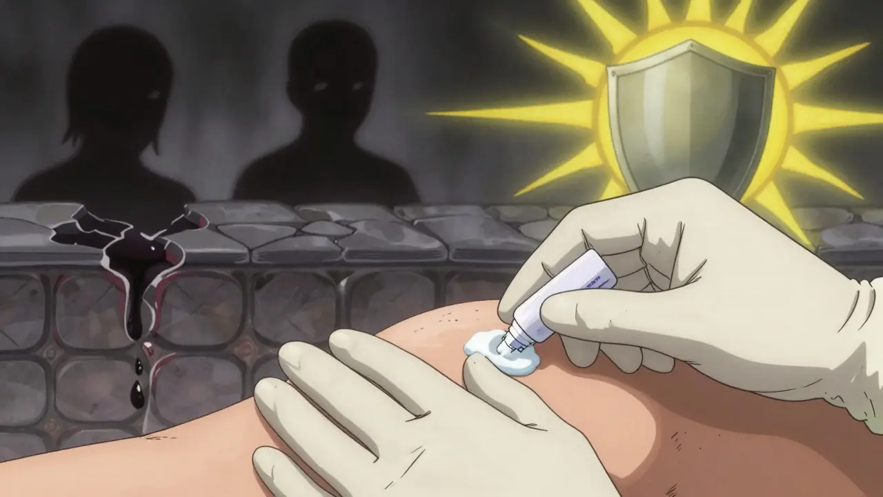 Gloved hands safely applying cream with risk symbols in background