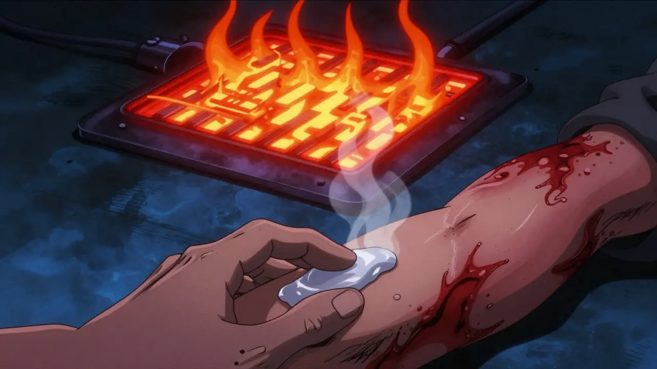 Hand applying gel near a hot heating pad causing skin burns
