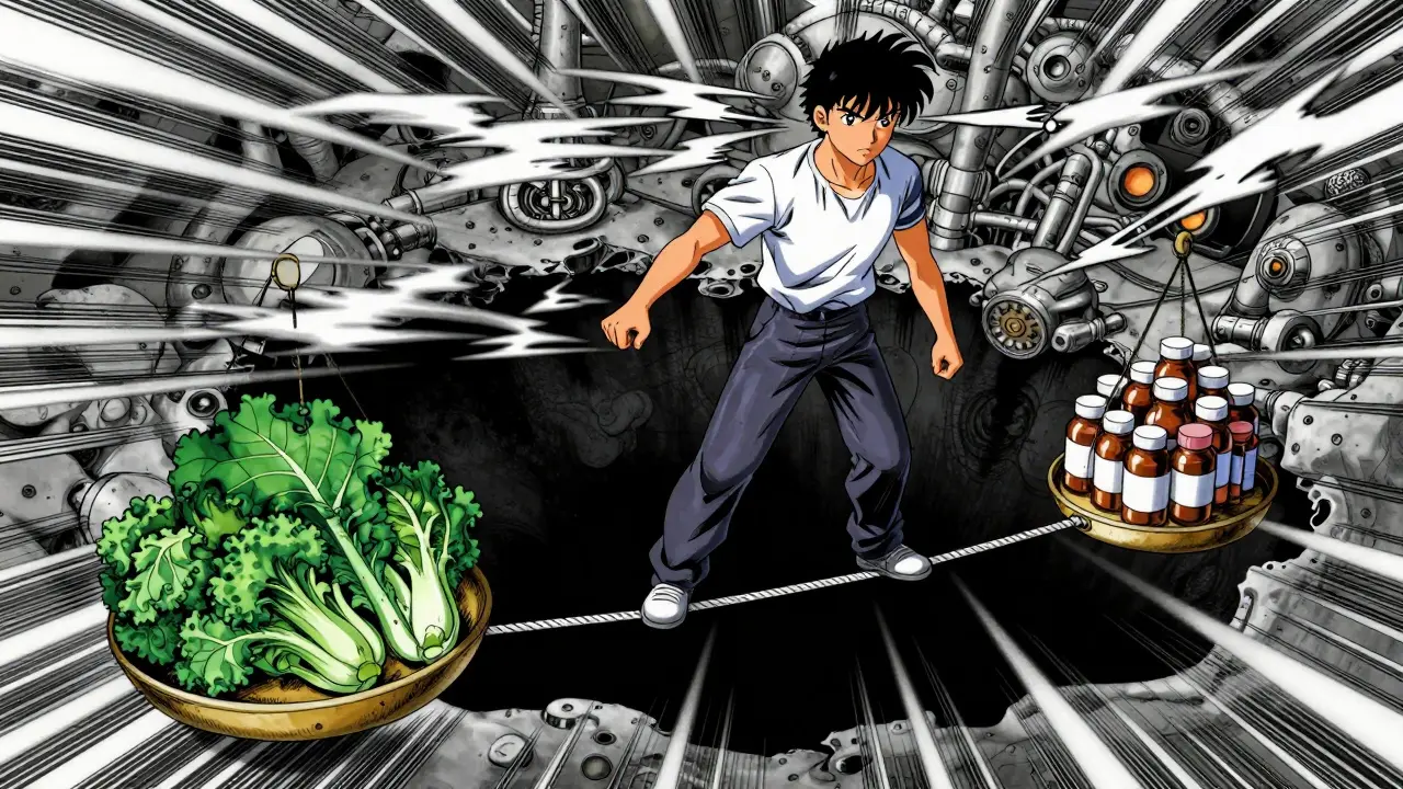 Manga character balancing vegetables and medicine on a tightrope, symbolizing dietary stability.