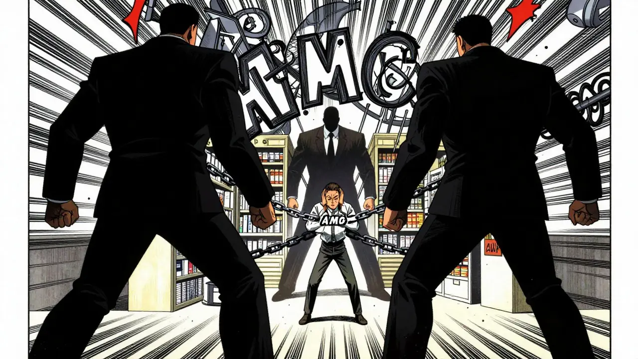 Manga illustration of a pharmacy owner crushed by large corporate figures representing PBM fees.