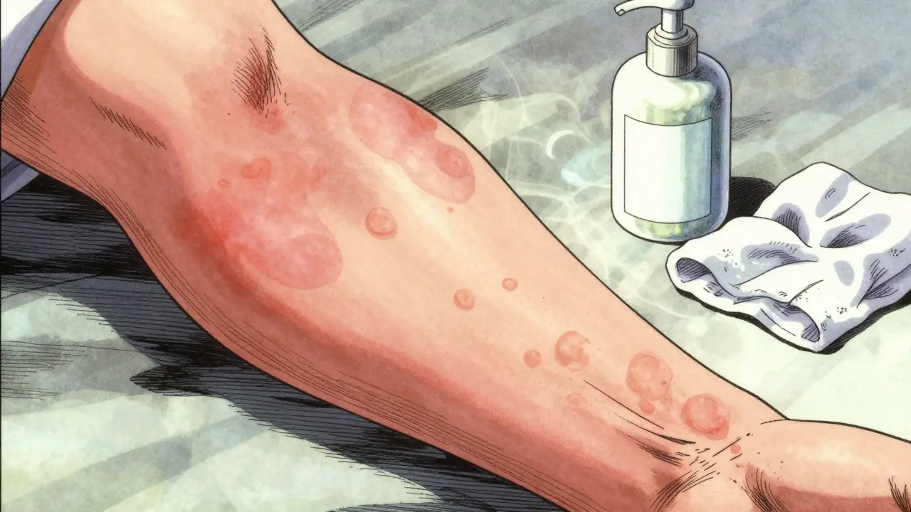 Manga illustration showing skin irritation and skincare products.