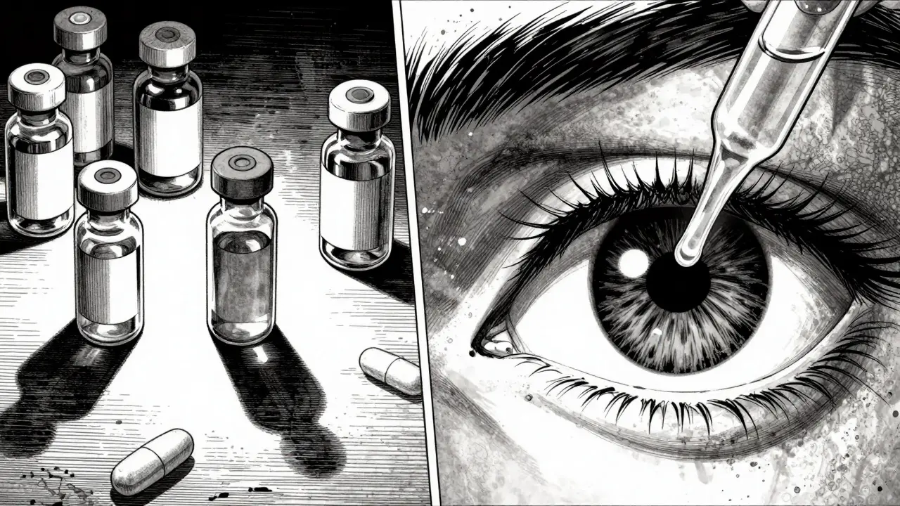 Manga style split view of pills and eye drops being applied to relieve dryness