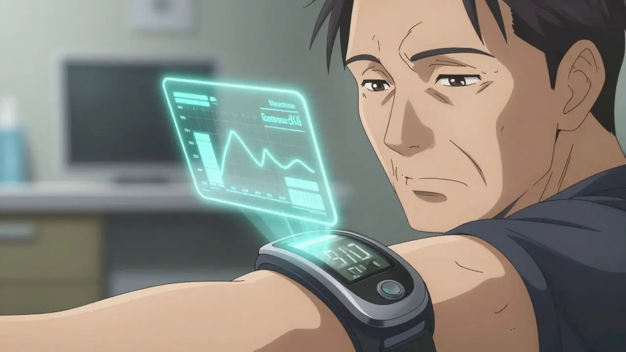 Older adult using a smart glucose monitor device, anime illustration
