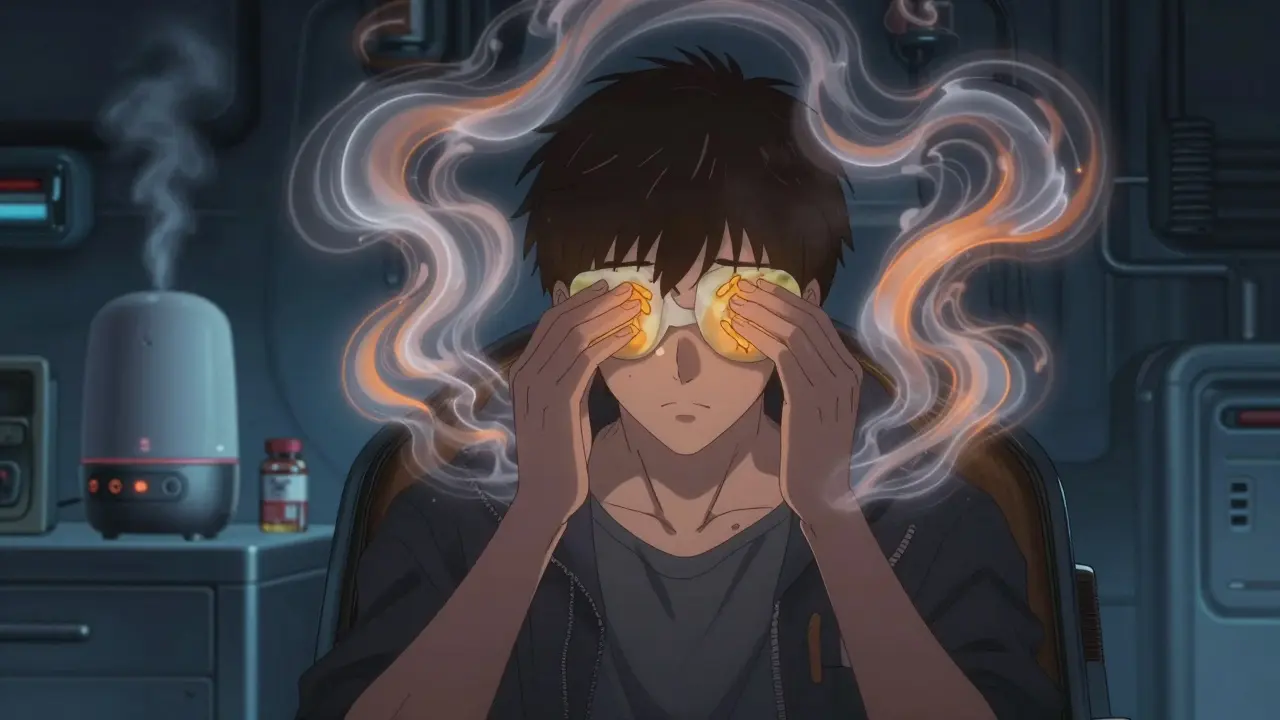 Otomo style character using warm compress with steam forming protective shield