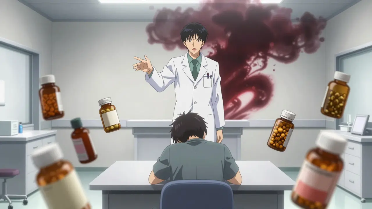 Otomo-style medical scene emphasizing the risk of combining supplements with prescriptions.