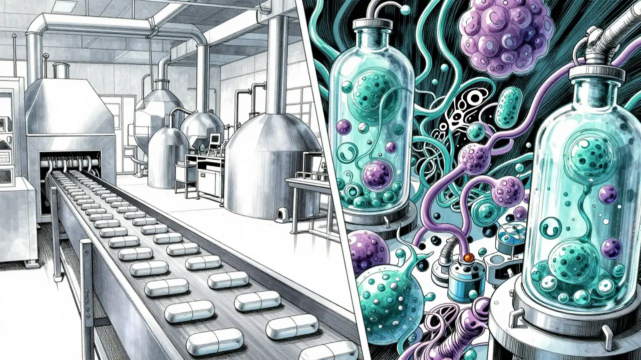 Split view of simple pill factory vs complex biological cell lab