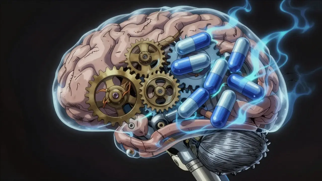 Surreal anime brain mechanism where herbal roots and pills grind together dangerously.