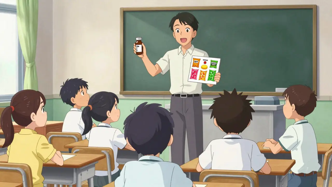 Teacher showing kids difference between medicine and snacks