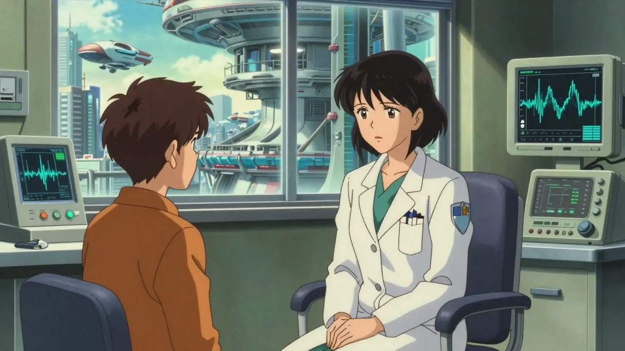A doctor and patient consult in a high-tech room overlooking a futuristic city with flying vehicles.