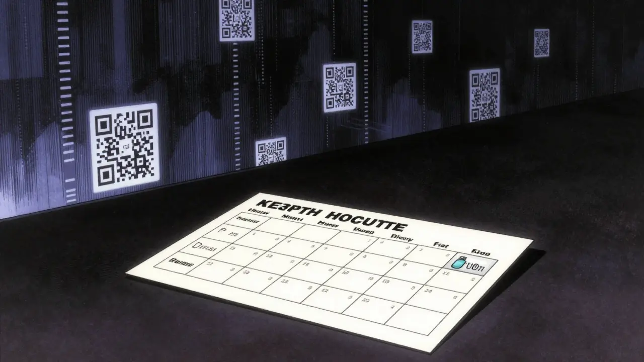 A glowing medication schedule card with digital elements in dark anime art