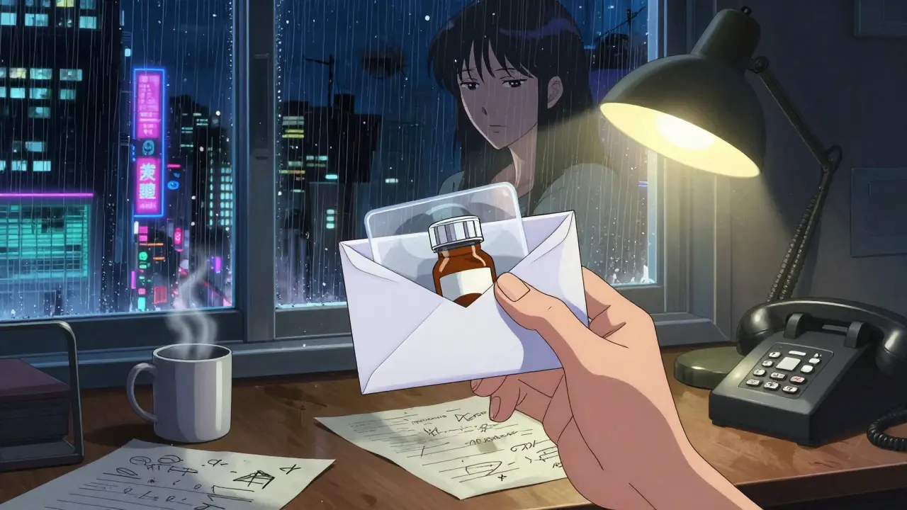 A woman holds a prescription envelope in a rainy, neon-lit home office, reflecting relief and calm.