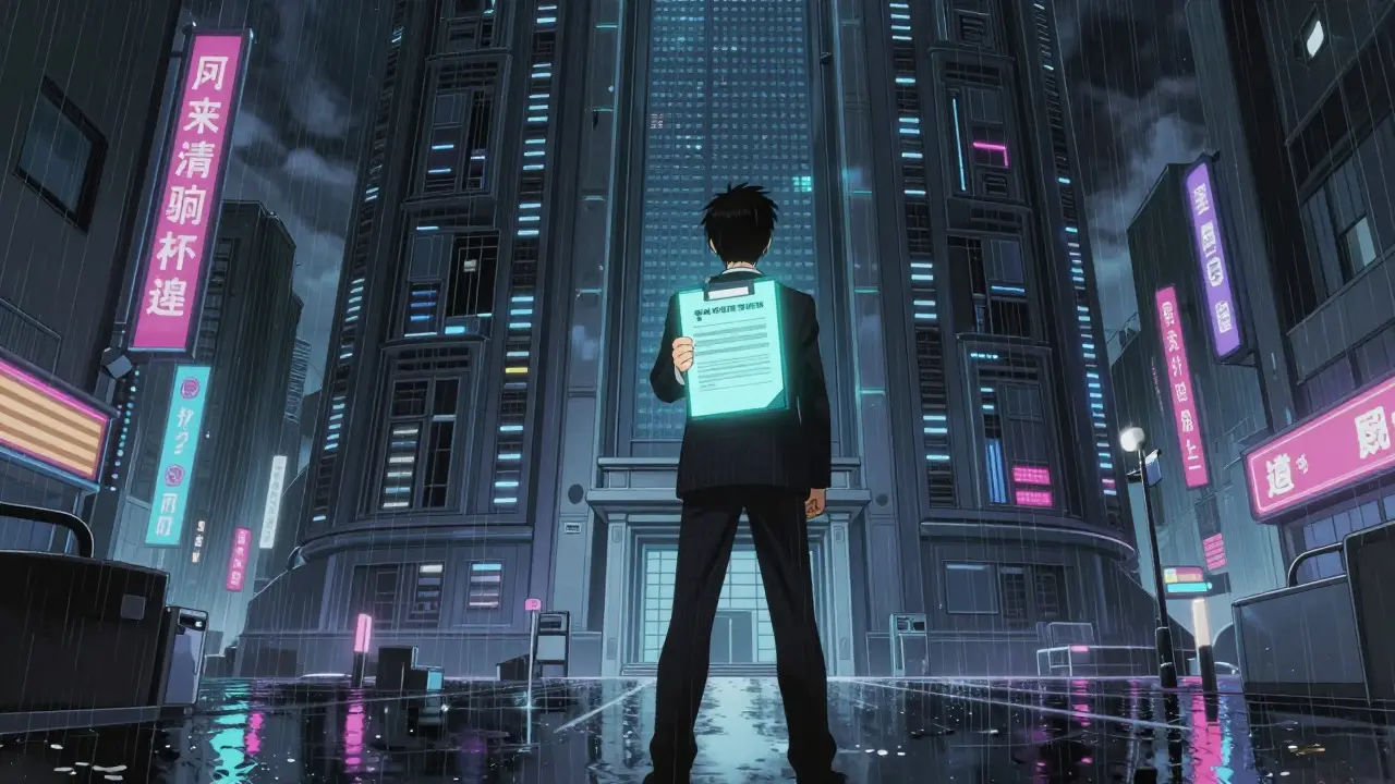Advocate standing before towering insurance bureaucracy