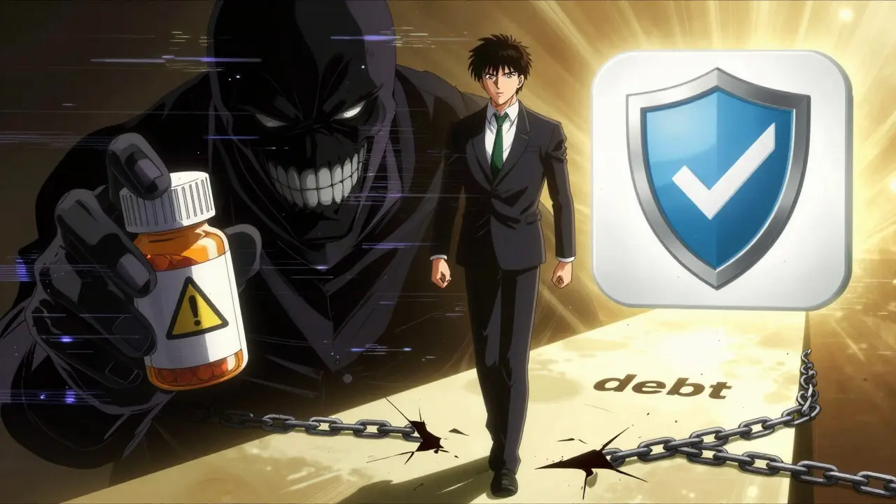 Character choosing safe pharmacy over scammer in anime style