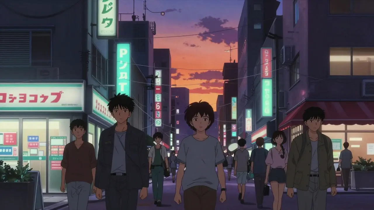 City street scene with pharmacies in Otomo-style anime art