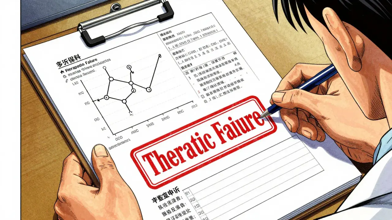 Doctor reviewing medical charts showing therapeutic failure