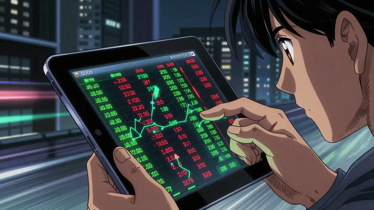 Hand holding tablet with price data in anime style