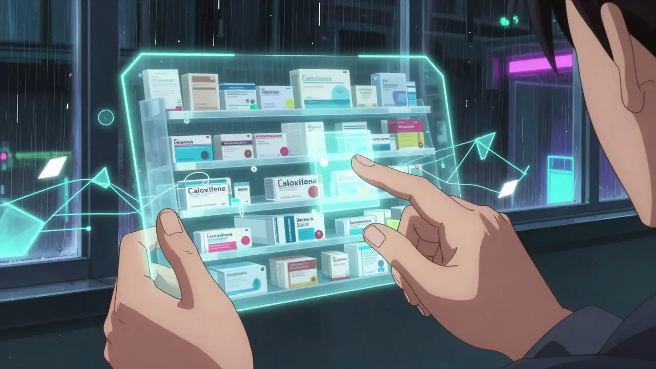 Hands interacting with abstract digital data streams representing online pharmacy
